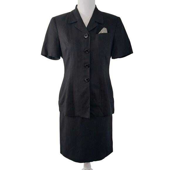 PRESTON & YORK PETITES! LINEN+! BLACK 2 PC SHORT SLEEVED SKIRT SUIT SET! SZ 6P - Picture 2 of 11